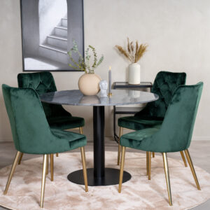 Estelle, Velvet Deluxe – Ensemble repas rond – Gris foncé – Table : ⌀106 Chaise : 66 x 88,5 x 50 cm