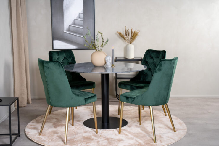 Estelle, Velvet Deluxe – Ensemble repas rond – Gris foncé – Table : ⌀106 Chaise : 66 x 88,5 x 50 cm