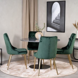 Estelle, Velvet Deluxe – Ensemble repas rond – Gris foncé – Table : ⌀106 Chaise : 66 x 88,5 x 50 cm