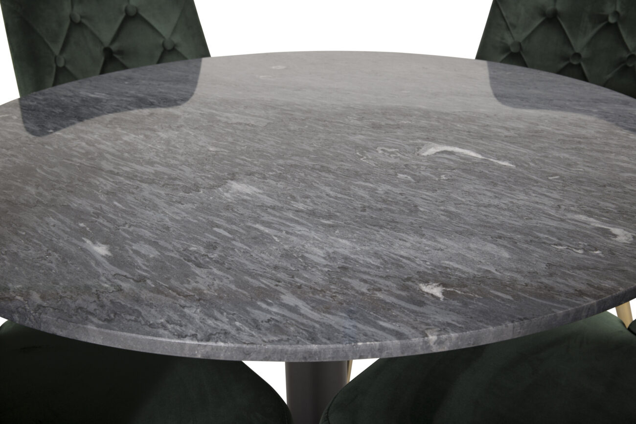 Estelle, Velvet Deluxe – Ensemble repas rond – Gris foncé – Table : ⌀106 Chaise : 66 x 88,5 x 50 cm