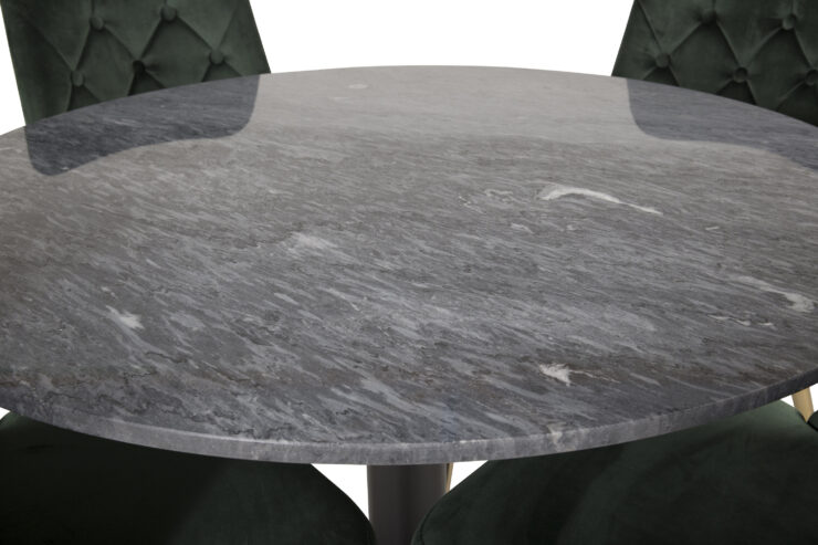 Estelle, Velvet Deluxe – Ensemble repas rond – Gris foncé – Table : ⌀106 Chaise : 66 x 88,5 x 50 cm