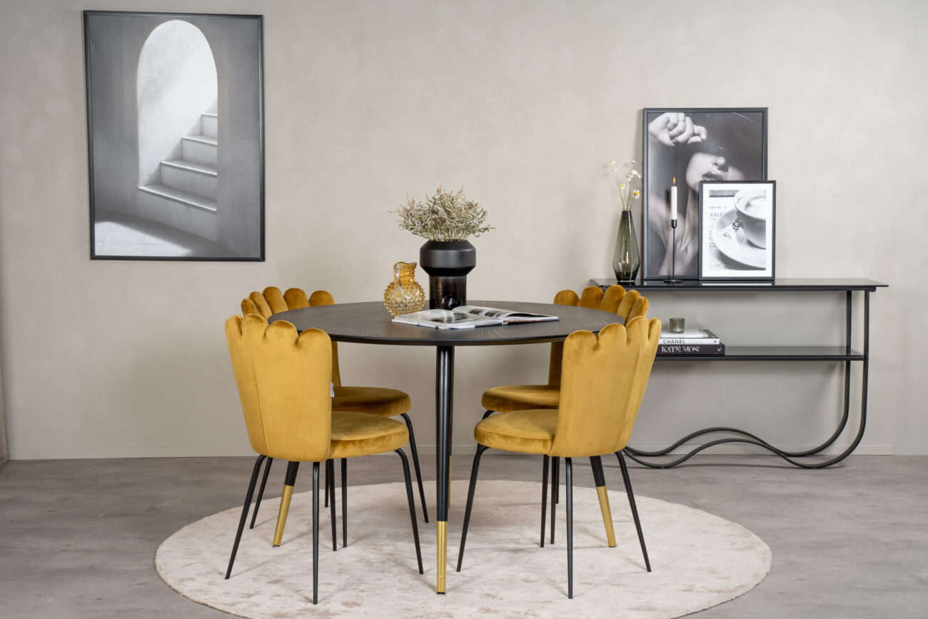 Dipp, Limhamn – Ensemble repas rond – Noir – Table : ⌀115 Chaise : 54 x 82,5 x 44,5 cm