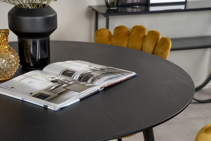 Dipp, Limhamn – Ensemble repas rond – Noir – Table : ⌀115 Chaise : 54 x 82,5 x 44,5 cm