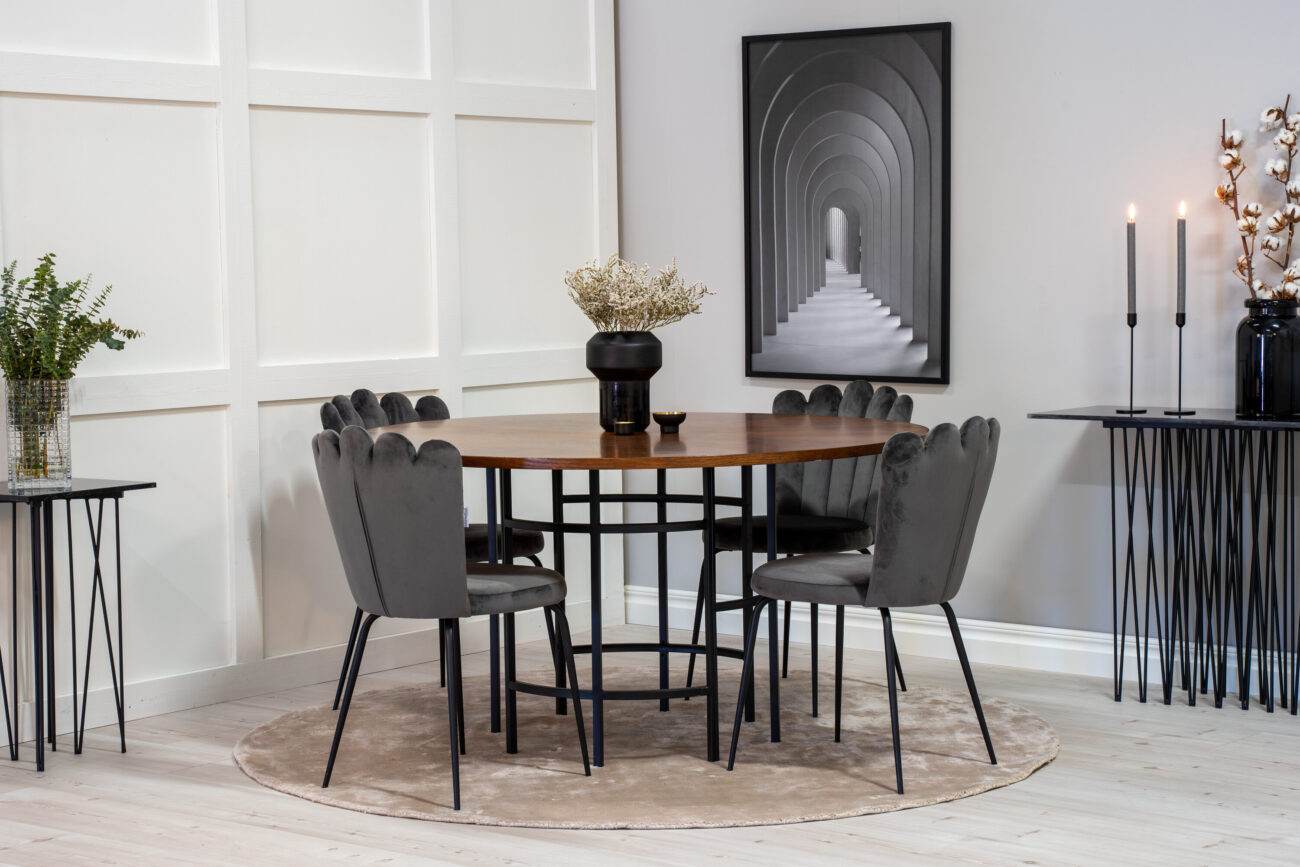 Copenhagen, Limhamn – Ensemble repas rond – Marron – Table : ⌀140 Chaise : 54 x 82,5 x 44,5 cm