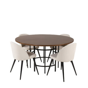 Copenhagen, Velvet – Ensemble repas rond – Marron – Table : ⌀140 Chaise : 57 x 76,5 x 50 cm