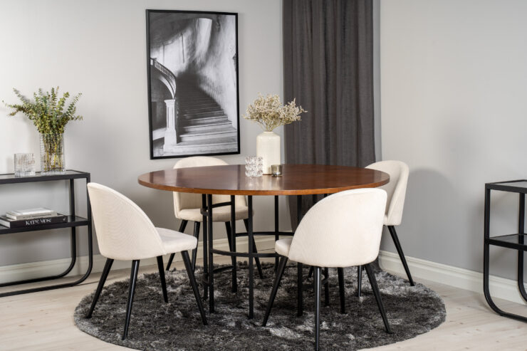 Copenhagen, Velvet – Ensemble repas rond – Marron – Table : ⌀140 Chaise : 57 x 76,5 x 50 cm