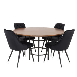 Copenhagen, Velvet Deluxe – Ensemble repas rond – Marron – Table : ⌀140 Chaise : 66 x 88,5 x 50 cm