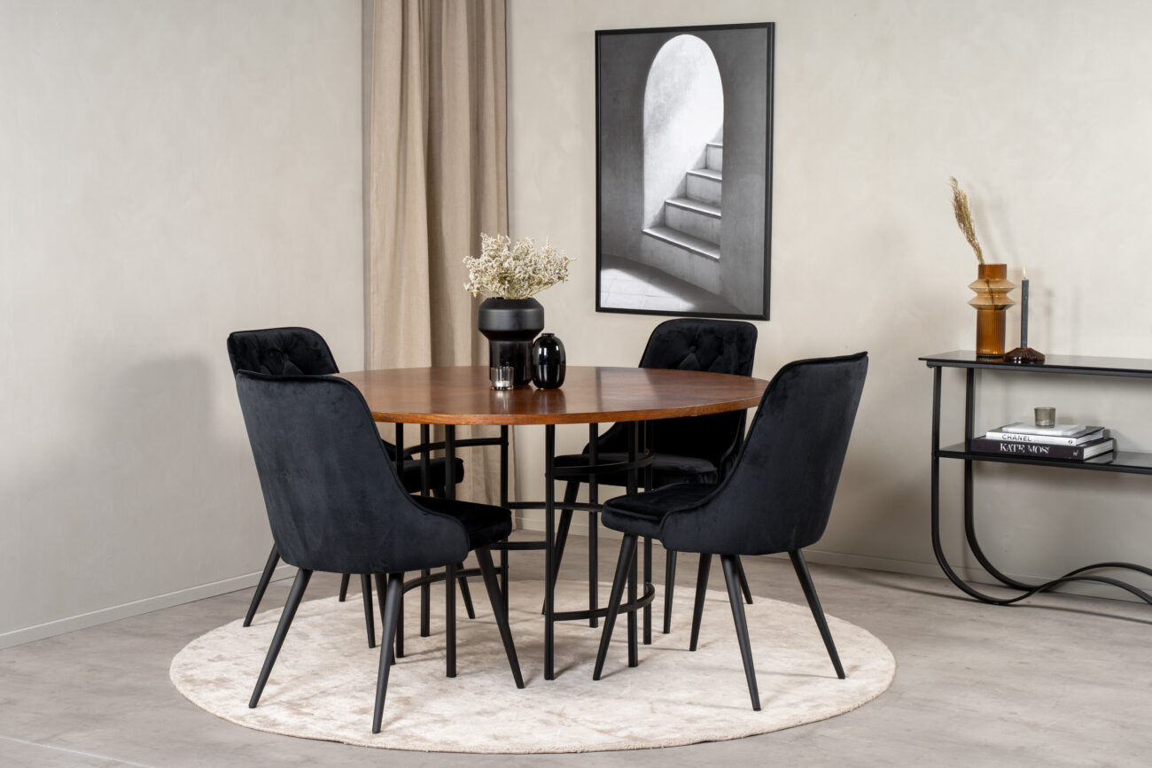 Copenhagen, Velvet Deluxe – Ensemble repas rond – Marron – Table : ⌀140 Chaise : 66 x 88,5 x 50 cm