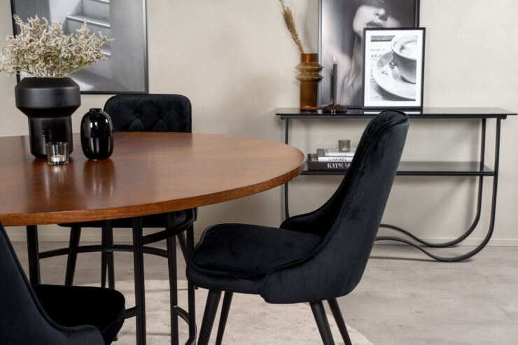 Copenhagen, Velvet Deluxe – Ensemble repas rond – Marron – Table : ⌀140 Chaise : 66 x 88,5 x 50 cm