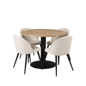 Cirebon, Velvet – Ensemble repas rond – Naturel – Table : ⌀100 Chaise : 57 x 76,5 x 50 cm