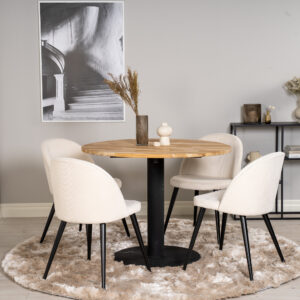Cirebon, Velvet – Ensemble repas rond – Naturel – Table : ⌀100 Chaise : 57 x 76,5 x 50 cm