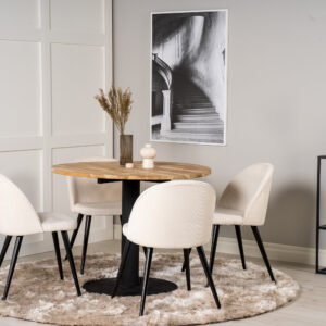 Cirebon, Velvet – Ensemble repas rond – Naturel – Table : ⌀100 Chaise : 57 x 76,5 x 50 cm