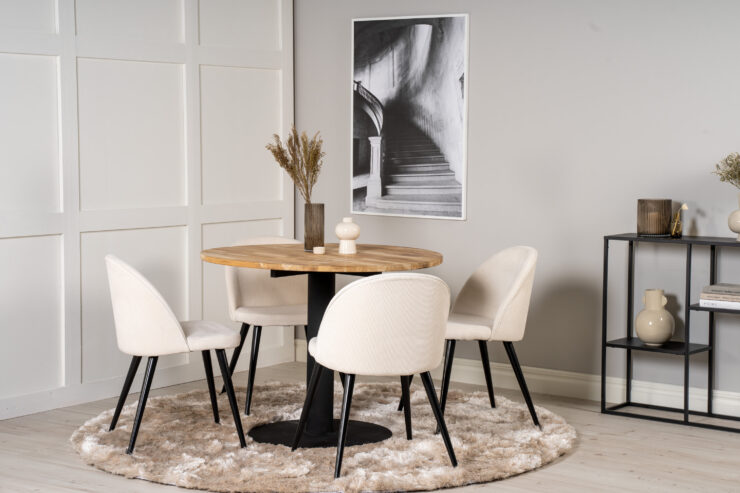 Cirebon, Velvet – Ensemble repas rond – Naturel – Table : ⌀100 Chaise : 57 x 76,5 x 50 cm