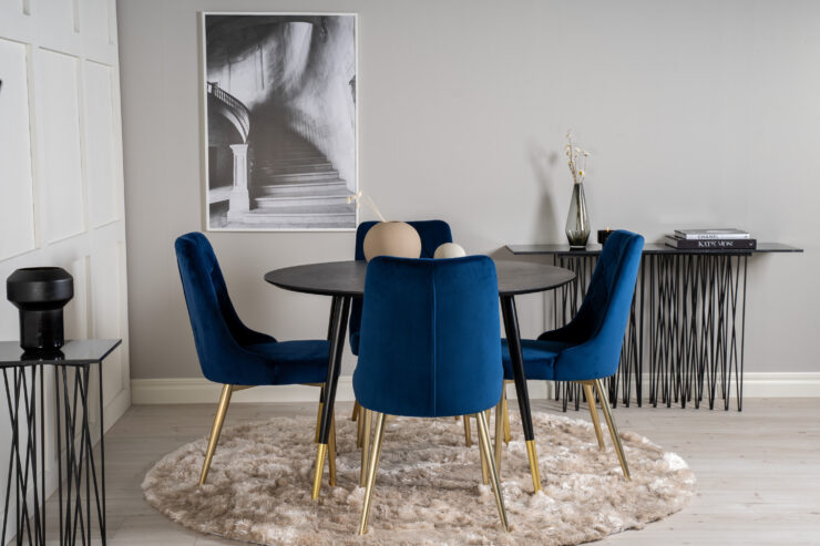 Dipp, Velvet Deluxe – Ensemble repas rond – Noir – Table : ⌀115 Chaise : 66 x 88,5 x 50 cm