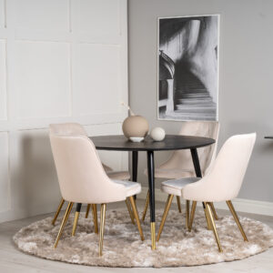 Dipp, Velvet Deluxe – Ensemble repas rond – Noir – Table : ⌀115 Chaise : 66 x 88,5 x 50 cm