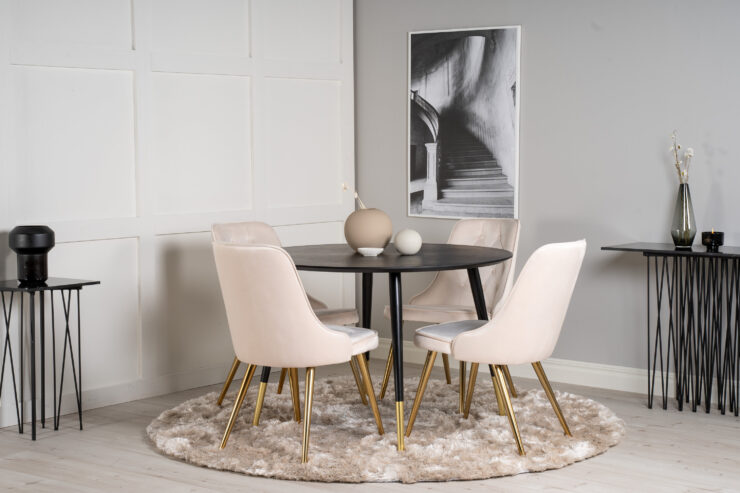 Dipp, Velvet Deluxe – Ensemble repas rond – Noir – Table : ⌀115 Chaise : 66 x 88,5 x 50 cm