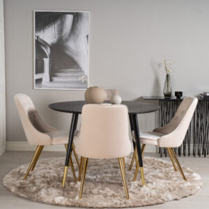 Dipp, Velvet Deluxe – Ensemble repas rond – Noir – Table : ⌀115 Chaise : 66 x 88,5 x 50 cm