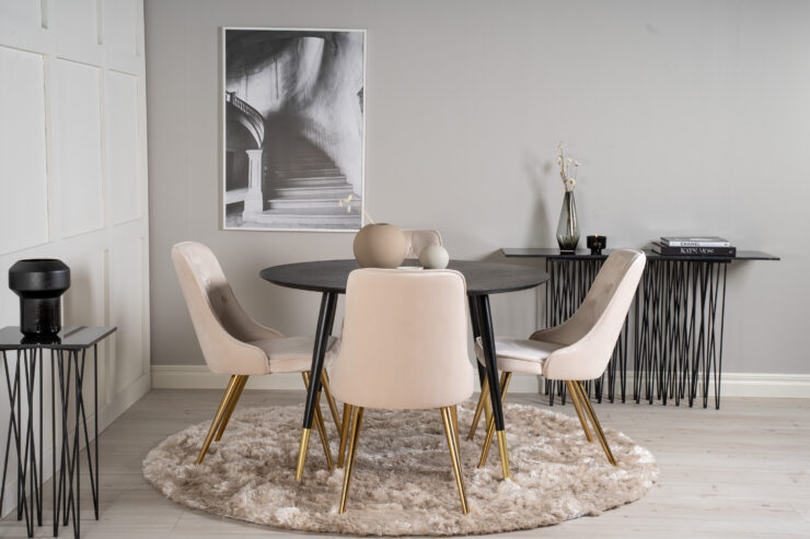 Dipp, Velvet Deluxe – Ensemble repas rond – Noir – Table : ⌀115 Chaise : 66 x 88,5 x 50 cm