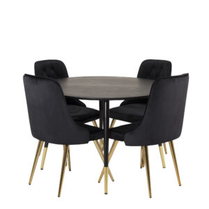 Dipp, Velvet Deluxe – Ensemble repas rond – Noir – Table : ⌀115 Chaise : 66 x 88,5 x 50 cm