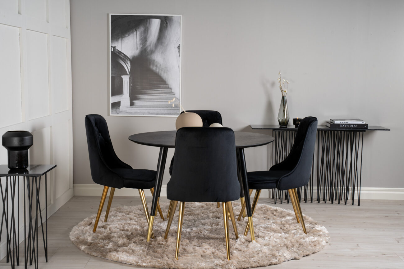 Dipp, Velvet Deluxe – Ensemble repas rond – Noir – Table : ⌀115 Chaise : 66 x 88,5 x 50 cm