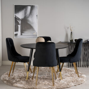 Dipp, Velvet Deluxe – Ensemble repas rond – Noir – Table : ⌀115 Chaise : 66 x 88,5 x 50 cm