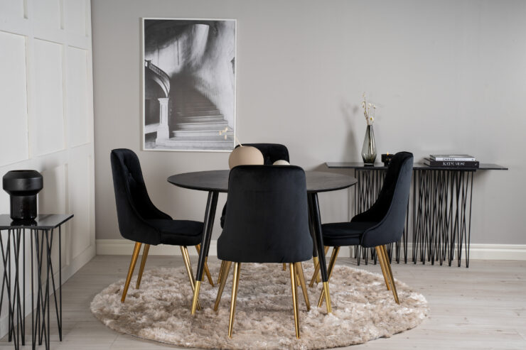 Dipp, Velvet Deluxe – Ensemble repas rond – Noir – Table : ⌀115 Chaise : 66 x 88,5 x 50 cm