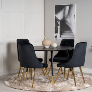 Dipp, Velvet Deluxe – Ensemble repas rond – Noir – Table : ⌀115 Chaise : 66 x 88,5 x 50 cm