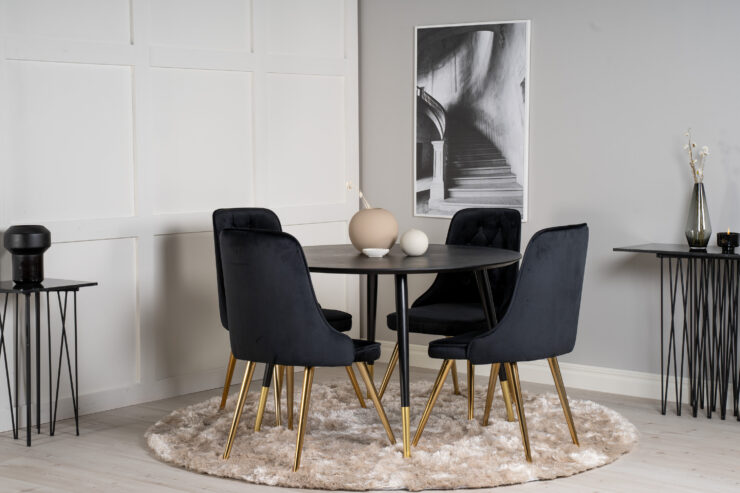 Dipp, Velvet Deluxe – Ensemble repas rond – Noir – Table : ⌀115 Chaise : 66 x 88,5 x 50 cm
