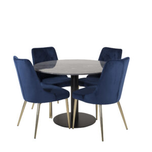 Estelle, Velvet Deluxe – Ensemble repas rond – Gris foncé – Table : ⌀106 Chaise : 66 x 88,5 x 50 cm