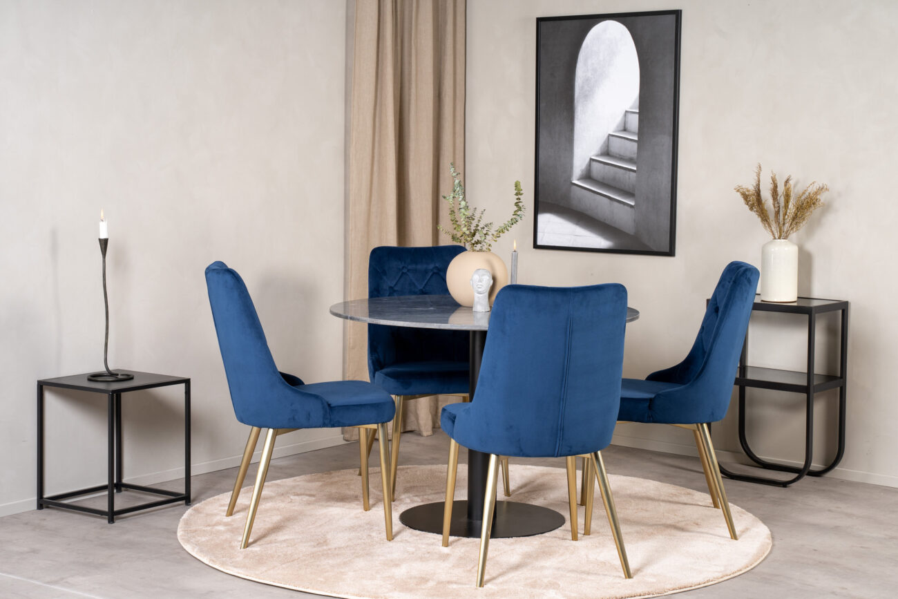 Estelle, Velvet Deluxe – Ensemble repas rond – Gris foncé – Table : ⌀106 Chaise : 66 x 88,5 x 50 cm