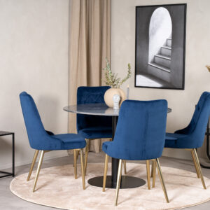 Estelle, Velvet Deluxe – Ensemble repas rond – Gris foncé – Table : ⌀106 Chaise : 66 x 88,5 x 50 cm
