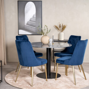 Estelle, Velvet Deluxe – Ensemble repas rond – Gris foncé – Table : ⌀106 Chaise : 66 x 88,5 x 50 cm