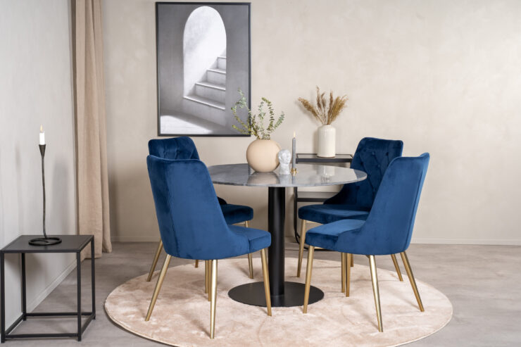 Estelle, Velvet Deluxe – Ensemble repas rond – Gris foncé – Table : ⌀106 Chaise : 66 x 88,5 x 50 cm