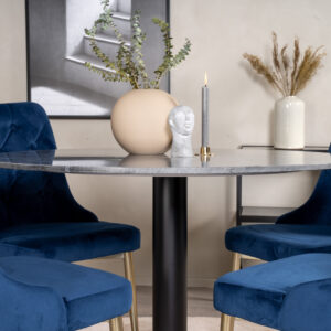 Estelle, Velvet Deluxe – Ensemble repas rond – Gris foncé – Table : ⌀106 Chaise : 66 x 88,5 x 50 cm