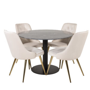 Estelle, Velvet Deluxe – Ensemble repas rond – Gris foncé – Table : ⌀106 Chaise : 66 x 88,5 x 50 cm