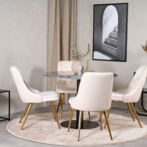 Estelle, Velvet Deluxe – Ensemble repas rond – Gris foncé – Table : ⌀106 Chaise : 66 x 88,5 x 50 cm