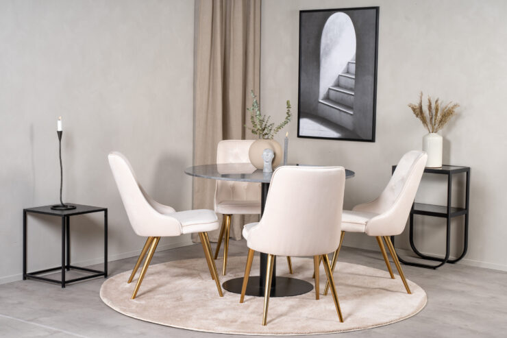 Estelle, Velvet Deluxe – Ensemble repas rond – Gris foncé – Table : ⌀106 Chaise : 66 x 88,5 x 50 cm