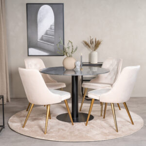 Estelle, Velvet Deluxe – Ensemble repas rond – Gris foncé – Table : ⌀106 Chaise : 66 x 88,5 x 50 cm