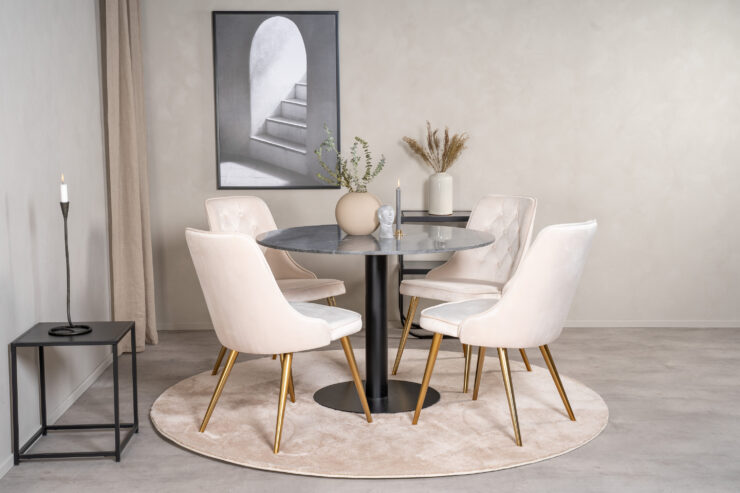 Estelle, Velvet Deluxe – Ensemble repas rond – Gris foncé – Table : ⌀106 Chaise : 66 x 88,5 x 50 cm