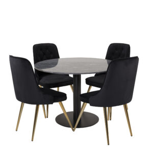 Estelle, Velvet Deluxe – Ensemble repas rond – Gris foncé – Table : ⌀106 Chaise : 66 x 88,5 x 50 cm