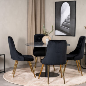 Estelle, Velvet Deluxe – Ensemble repas rond – Gris foncé – Table : ⌀106 Chaise : 66 x 88,5 x 50 cm