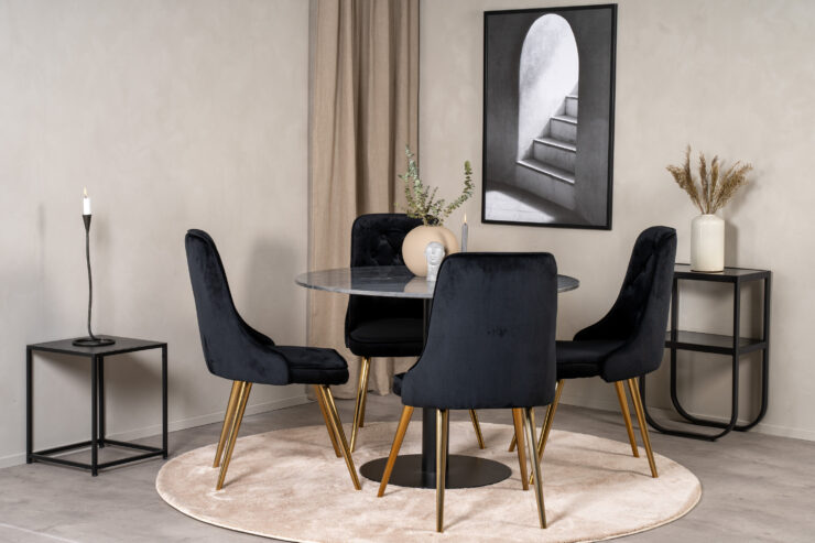 Estelle, Velvet Deluxe – Ensemble repas rond – Gris foncé – Table : ⌀106 Chaise : 66 x 88,5 x 50 cm