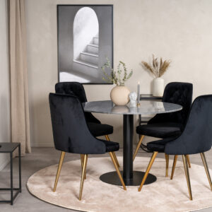 Estelle, Velvet Deluxe – Ensemble repas rond – Gris foncé – Table : ⌀106 Chaise : 66 x 88,5 x 50 cm