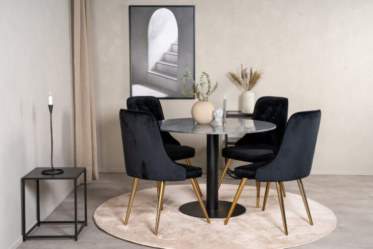 Estelle, Velvet Deluxe – Ensemble repas rond – Gris foncé – Table : ⌀106 Chaise : 66 x 88,5 x 50 cm