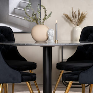 Estelle, Velvet Deluxe – Ensemble repas rond – Gris foncé – Table : ⌀106 Chaise : 66 x 88,5 x 50 cm