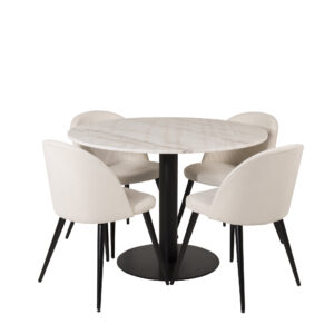 Estelle, Velvet – Ensemble repas rond – Blanc – Table : ⌀106 Chaise : 57 x 76,5 x 50 cm