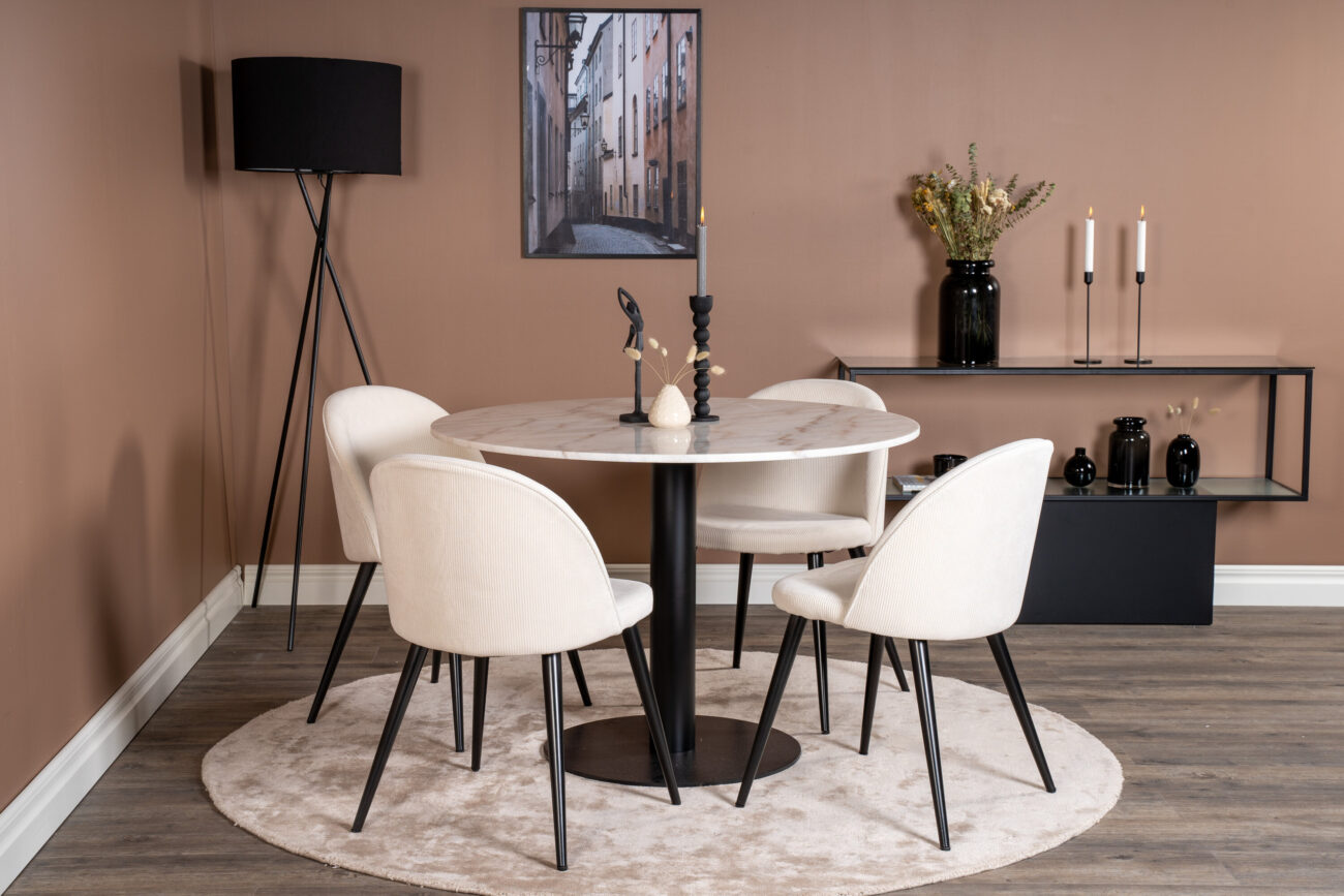 Estelle, Velvet – Ensemble repas rond – Blanc – Table : ⌀106 Chaise : 57 x 76,5 x 50 cm