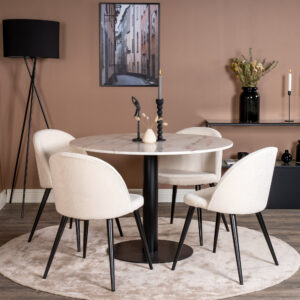 Estelle, Velvet – Ensemble repas rond – Blanc – Table : ⌀106 Chaise : 57 x 76,5 x 50 cm