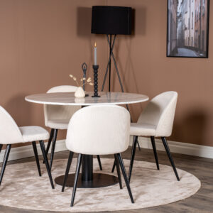 Estelle, Velvet – Ensemble repas rond – Blanc – Table : ⌀106 Chaise : 57 x 76,5 x 50 cm