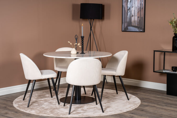 Estelle, Velvet – Ensemble repas rond – Blanc – Table : ⌀106 Chaise : 57 x 76,5 x 50 cm